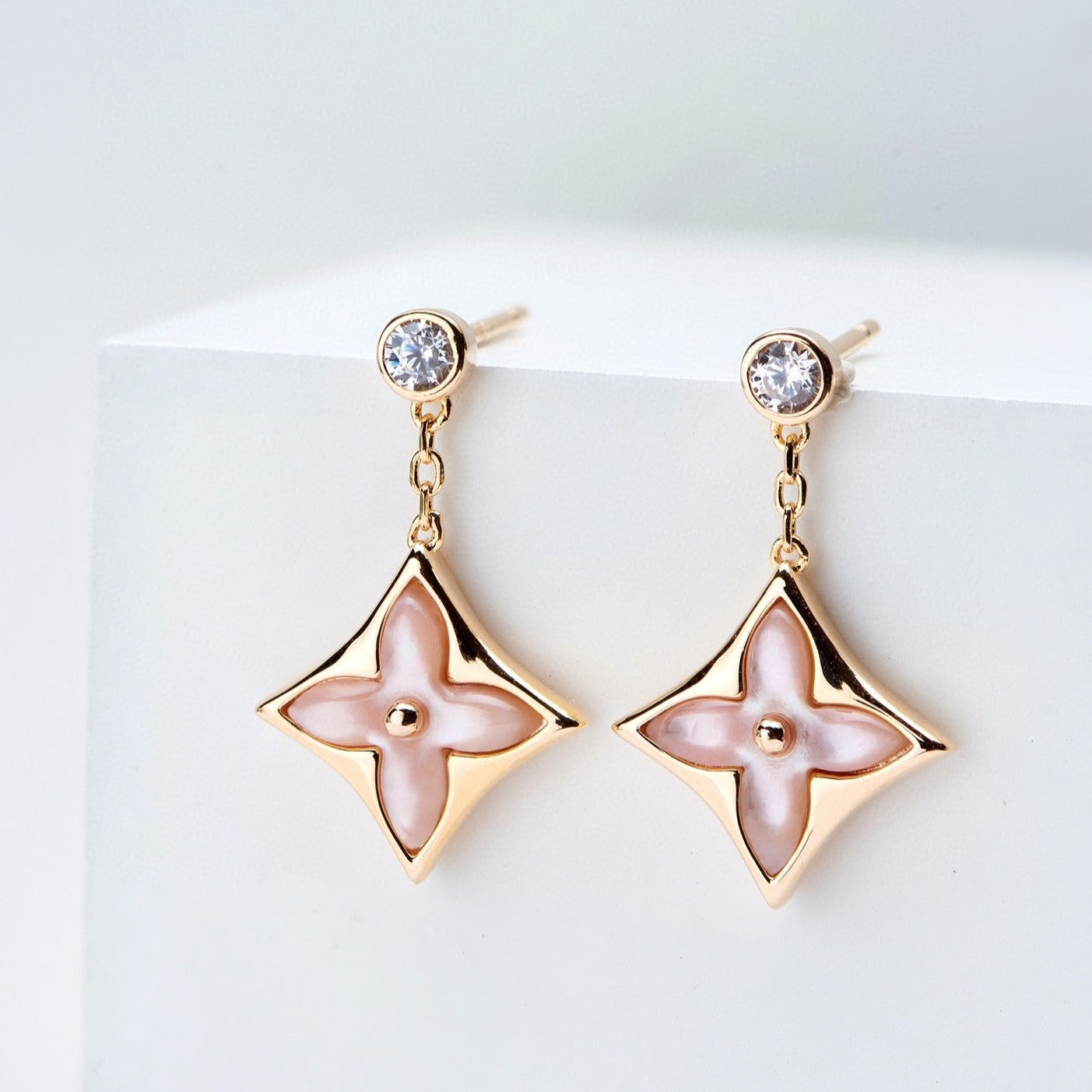 [Jesse jewelry]DOUBLE STAR PINK GOLD MOP DROP EARRINGS