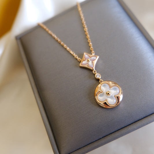 [Jesse jewelry]STAR AND SUN WHITE MOP 2 MOTIF PINK GOLD NECKLACE
