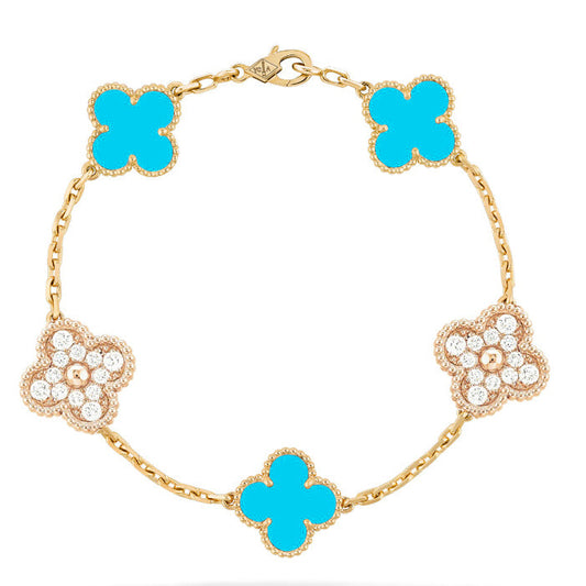 [Jesse jewelry]CLOVER 5 MOTIF TURQUOISE DIAMOND GOLD BRACELET
