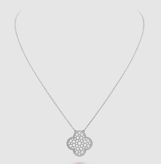 [Jesse jewelry]CLOVER 25MM LARGE PENDANT DIAMOND PAVED SILVER NECKLACE