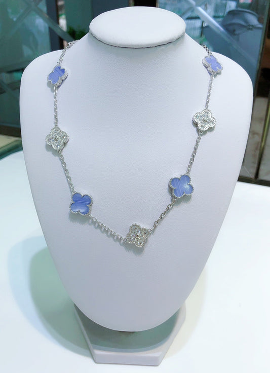 [Jesse jewelry]CLOVER 10 MOTIFS CHALCEDONY DIAMONDS SILVER NECKLACE